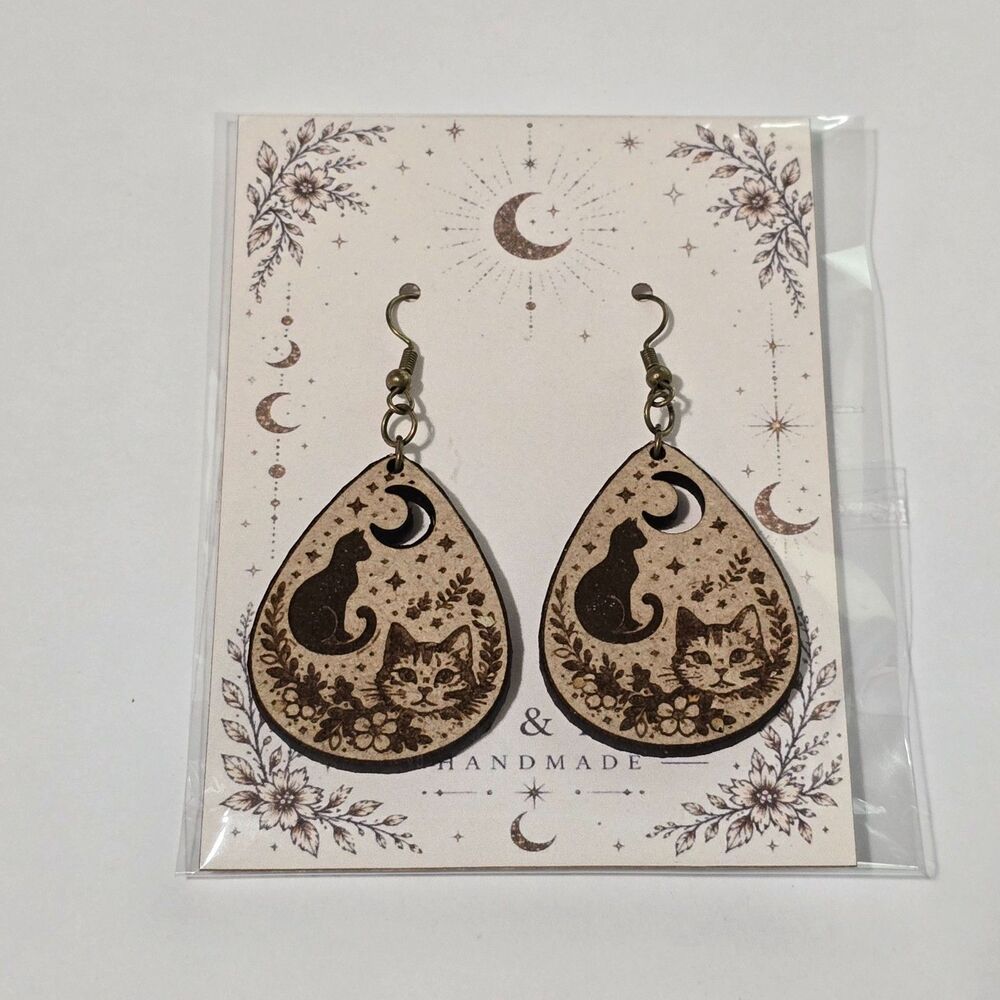 Celestial Cat Teardrop Earrings | Laser Engraved Wooden Moon & Floral Design